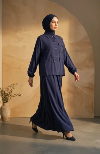 Two-piece Set: Tunic And Skirt With Belt And Button Closure 0318-02 Navy Blue 0318-02