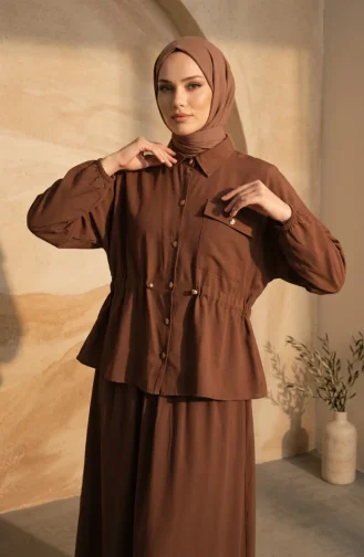 Ensemble Deux Pièces : Tunique Boutonnée Et Jupe à Ceinture Marron 0318-04 0318-04