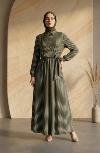 Robe Rayée Kaki à Demi-boutonnage Et Taille élastiquée 0320-04 0320-04