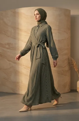 Robe Rayée Kaki à Demi-boutonnage Et Taille élastiquée 0320-04 0320-04