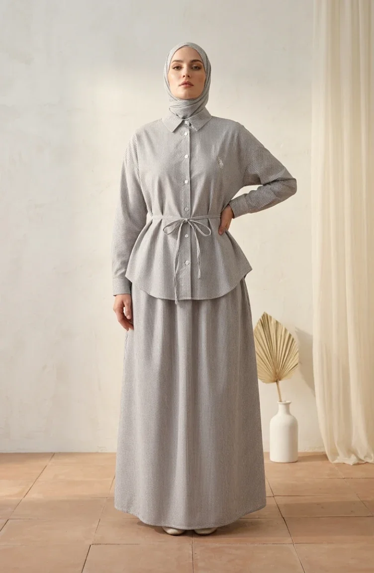 Çizgili Polo Yaka Tunik Etek ikili Takım 0321-04 Siyah