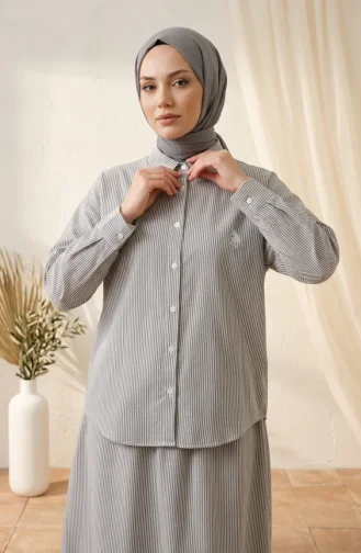 Çizgili Polo Yaka Tunik Etek ikili Takım 0321-04 Siyah