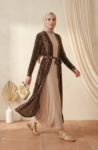 Bürümcük Kumaş Leopar Abaya Jile ikili Takım 0511A-01 Vizon 0511A-01