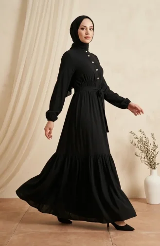 Kleid Mit Stehkragen Halber Knopfleiste Und Gürtel 0302-07 Schwarz 0302-07