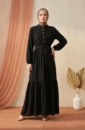 Kleid Mit Stehkragen Halber Knopfleiste Und Gürtel 0302-07 Schwarz 0302-07