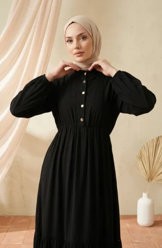 Kleid Mit Stehkragen Halber Knopfleiste Und Gürtel 0302-07 Schwarz 0302-07