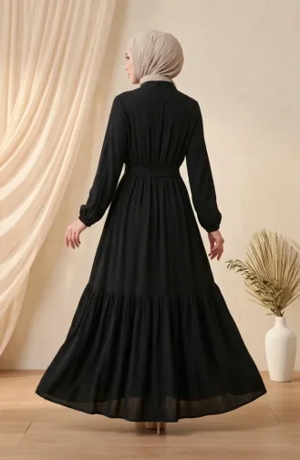 Kleid Mit Stehkragen Halber Knopfleiste Und Gürtel 0302-07 Schwarz 0302-07