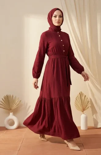 فستان بياقة صينية وأزرار نصفية وحزام 0302-08 بورغندي 0302-08