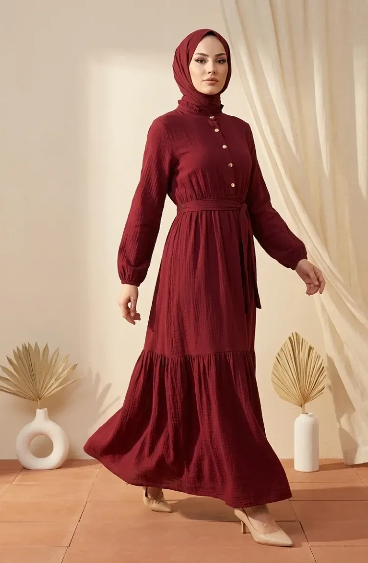 فستان بياقة صينية وأزرار نصفية وحزام 0302-08 بورغندي 0302-08