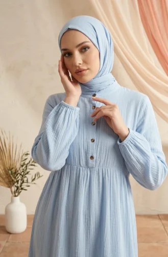 فستان بياقة صينية وأزرار نصفية وحزام 0302-09 أزرق ثلجي 0302-09