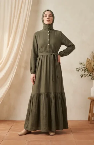 فستان بياقة صينية وحزام بنصف أزرار 0302-10 كاكي داكن 0302-10