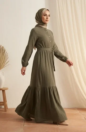 فستان بياقة صينية وحزام بنصف أزرار 0302-10 كاكي داكن 0302-10