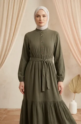 فستان بياقة صينية وحزام بنصف أزرار 0302-10 كاكي داكن 0302-10