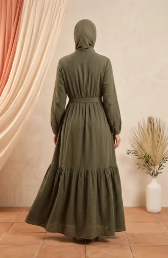فستان بياقة صينية وحزام بنصف أزرار 0302-10 كاكي داكن 0302-10