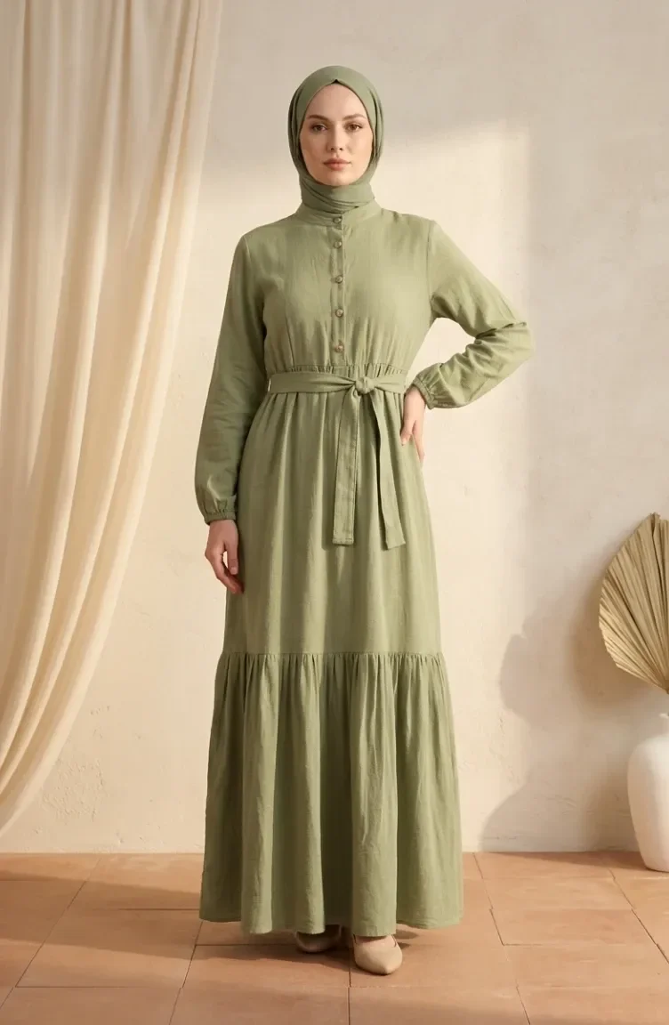 Kleid Mit Stehkragen Halber Knopfleiste Und Gürtel 0302-12 Khaki 0302-12