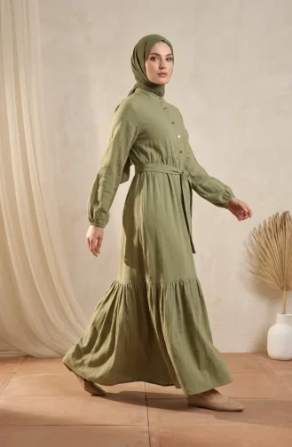 Kleid Mit Stehkragen Halber Knopfleiste Und Gürtel 0302-12 Khaki 0302-12