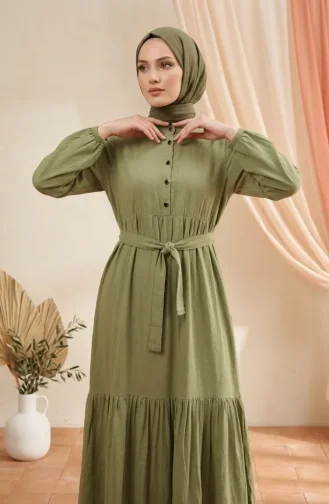 Kleid Mit Stehkragen Halber Knopfleiste Und Gürtel 0302-12 Khaki 0302-12