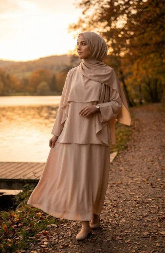 Ensemble Deux Pièces Cape Coupe Décontractée 2274-03 Beige 2274-03