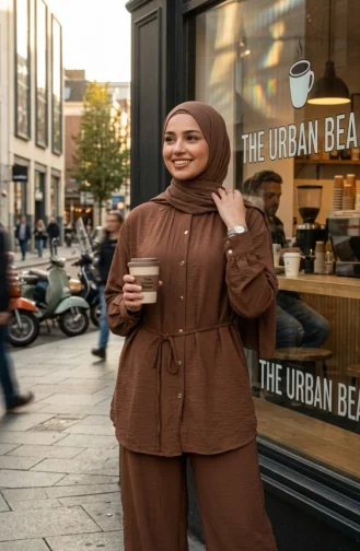 Button-Down Tunic And Trousers Two-Piece Set 2276-02 Brown 2276-02