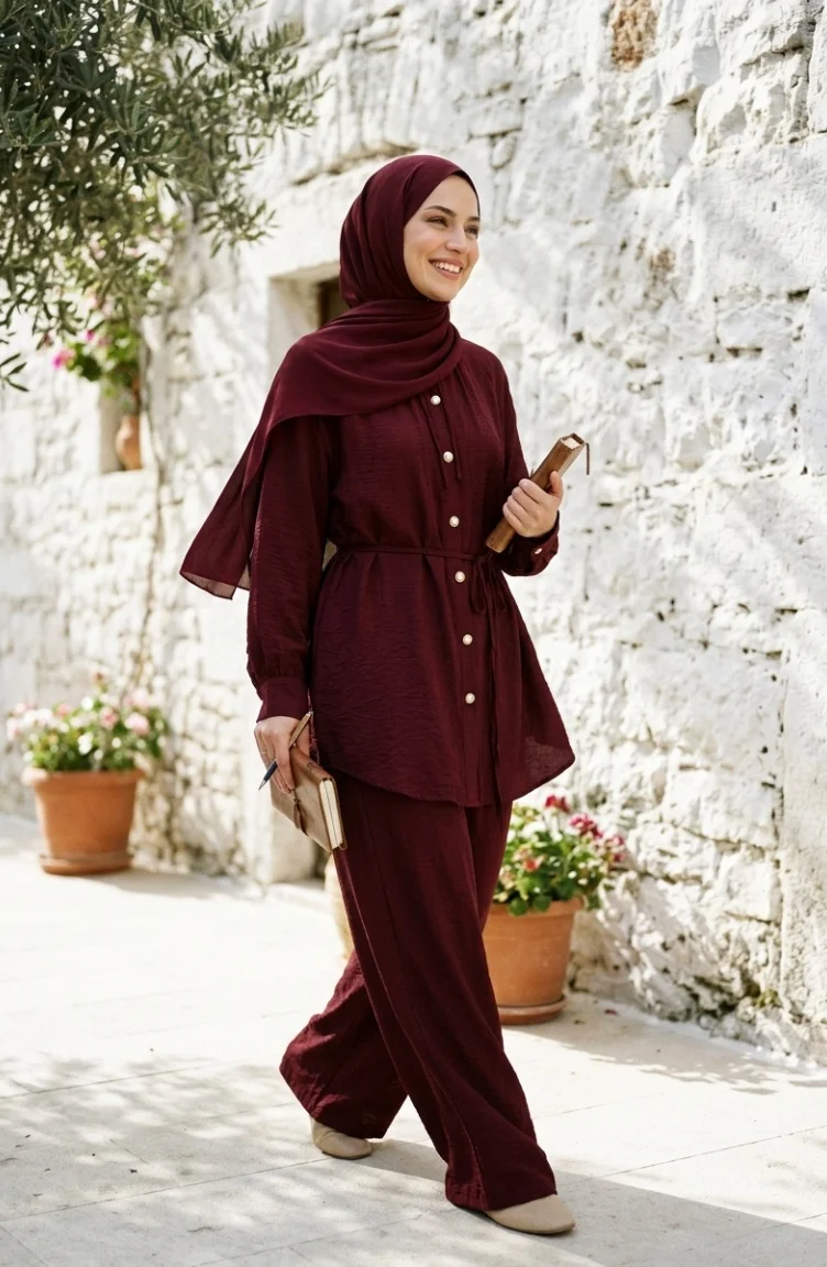 Button-Down Tunic And Trousers Two-Piece Set 2276-04 Plum 2276-04