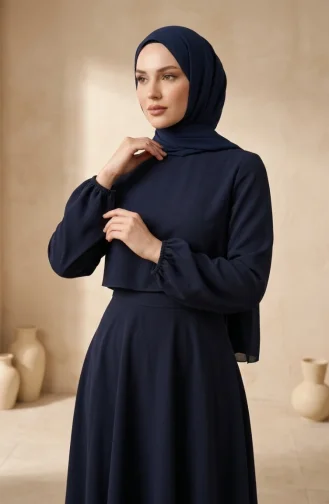 طقم تنورة من قطعتين من قماش مزدوج 5722-02 أزرق داكن 5722-02