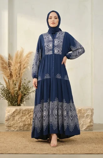 فستان منقوش من قماش الفسكوز 5586-01 لون نيلي 5586-01