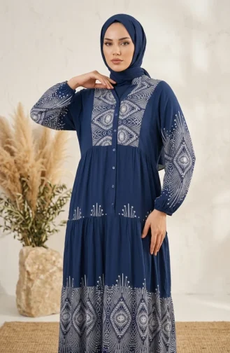 فستان منقوش من قماش الفسكوز 5586-01 لون نيلي 5586-01