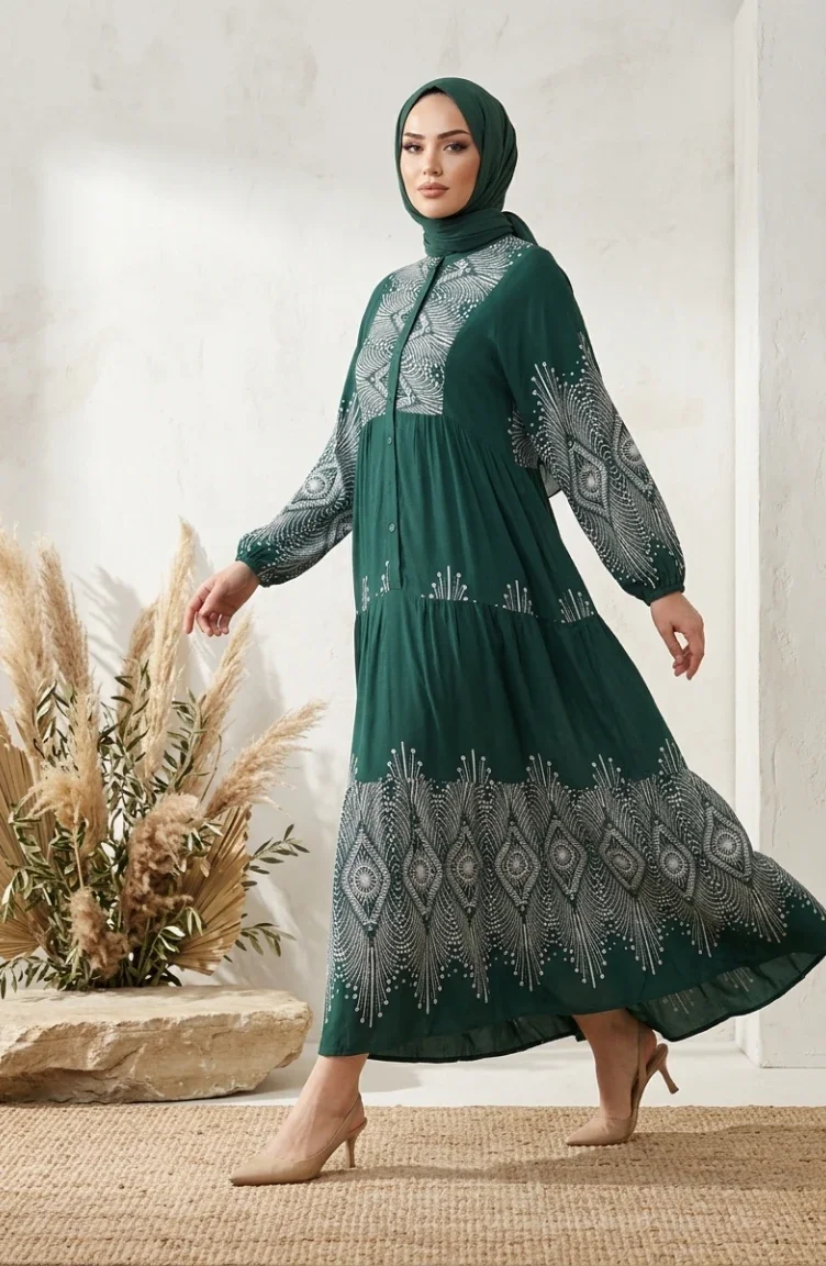 Robe à Motifs En Viscose Verte 5586-03 5586-03