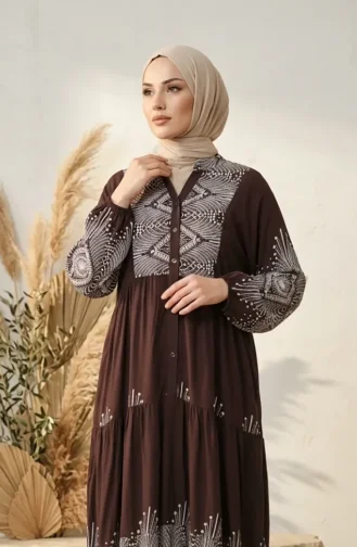 فستان من قماش الفسكوز بنقوش، رقم الموديل 5586-04، لون بني 5586-04