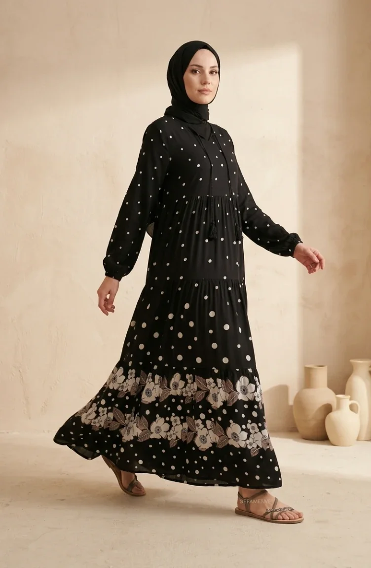 Robe à Pois En Viscose à Volants Noire Réf. 5587-03 5587-03