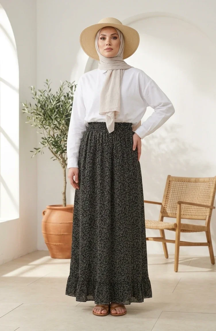 Jupe à Taille élastique Et Motif Floral 0313-01 Noire 0313-01