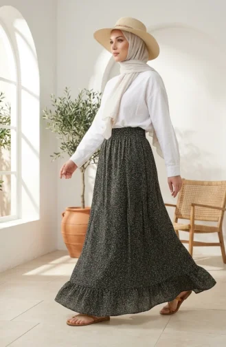 Jupe à Taille élastique Et Motif Floral 0313-01 Noire 0313-01