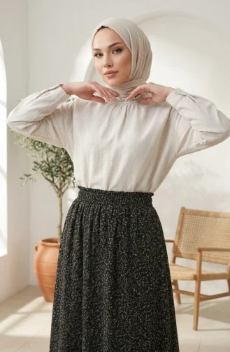 Jupe à Taille élastique Et Motif Floral 0313-01 Noire 0313-01
