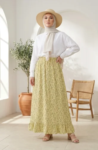 Jupe à Taille élastique Et Motif Floral 0313-02 Jaune 0313-02