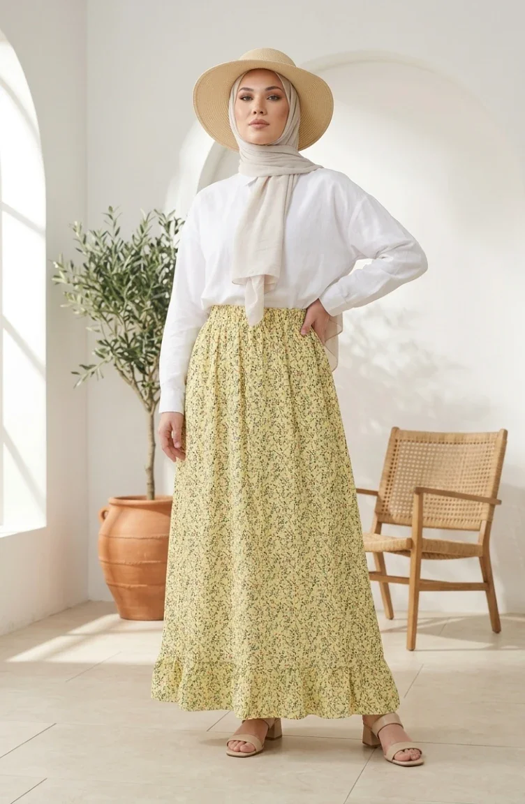 Jupe à Taille élastique Et Motif Floral 0313-02 Jaune 0313-02