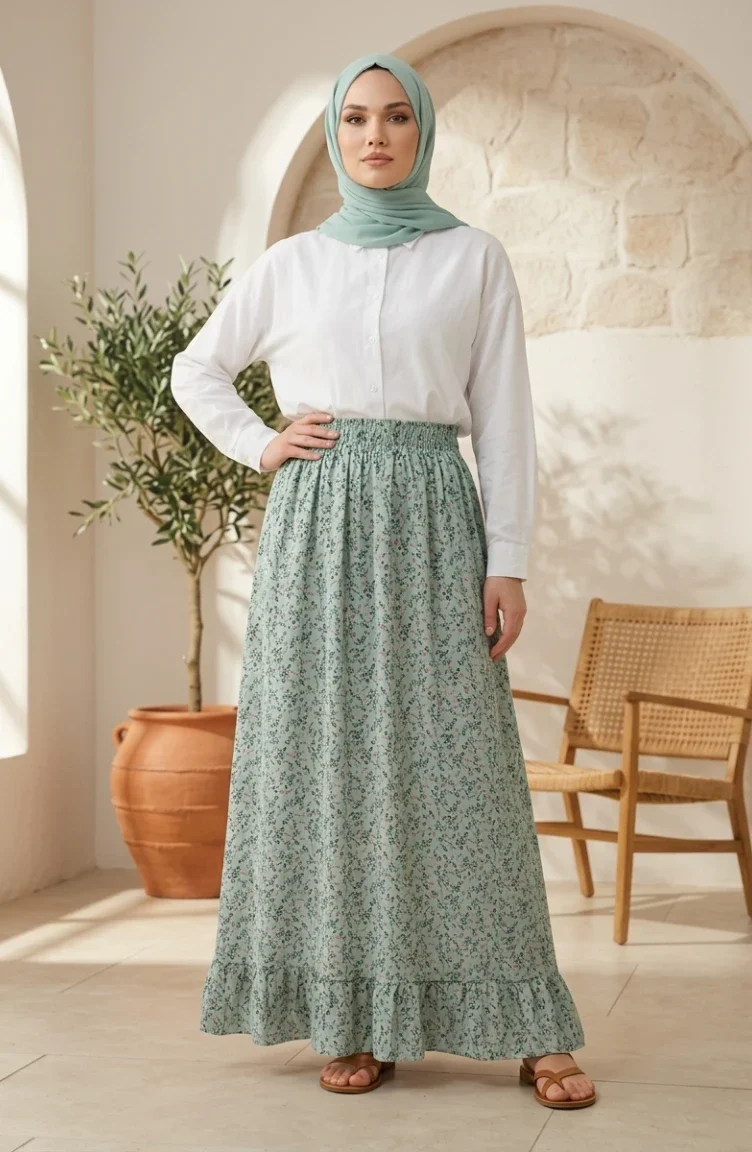 Jupe à Motif Floral Avec Taille élastique 0313-04 Kaki 0313-04