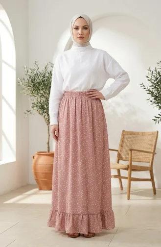 Jupe à Motif Floral Avec Taille élastiquée 0314-02 Rose Poudré 0314-02