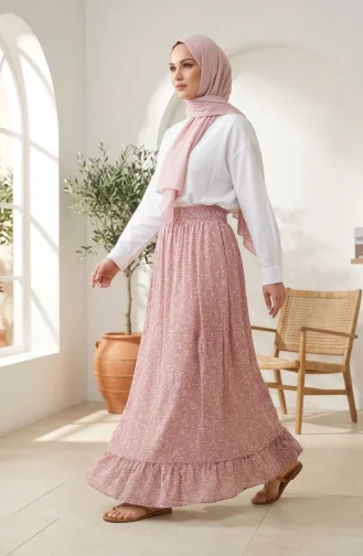 Jupe à Motif Floral Avec Taille élastiquée 0314-02 Rose Poudré 0314-02