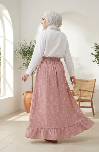 Jupe à Motif Floral Avec Taille élastiquée 0314-02 Rose Poudré 0314-02