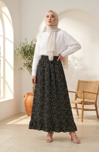 Rock Mit Elastischem Bund Und Blumenmuster Modell 0314-03 Schwarz 0314-03