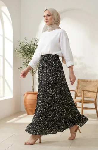 Rock Mit Elastischem Bund Und Blumenmuster Modell 0314-03 Schwarz 0314-03