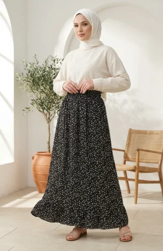 Rock Mit Elastischem Bund Und Blumenmuster Modell 0314-03 Schwarz 0314-03