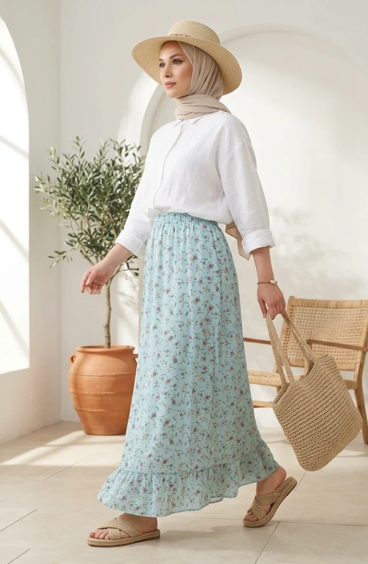 Jupe à Taille élastique Et Motif Floral 0317-02 Vert Sauge 0317-02
