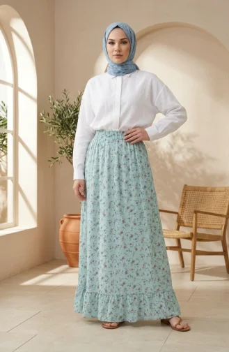 Jupe à Taille élastique Et Motif Floral 0317-02 Vert Sauge 0317-02