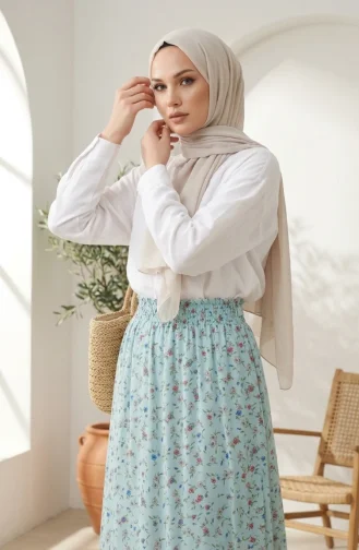 Jupe à Taille élastique Et Motif Floral 0317-02 Vert Sauge 0317-02