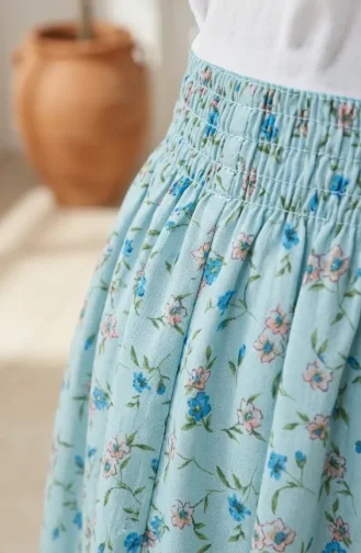Jupe à Taille élastique Et Motif Floral 0317-02 Vert Sauge 0317-02