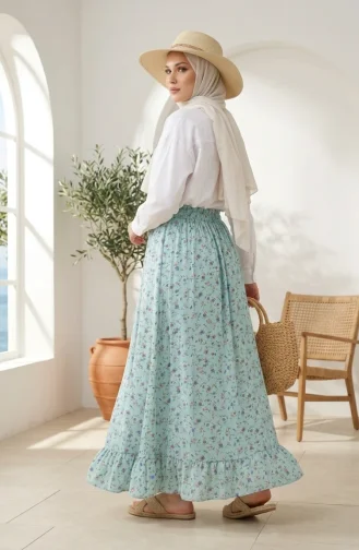 Jupe à Taille élastique Et Motif Floral 0317-02 Vert Sauge 0317-02