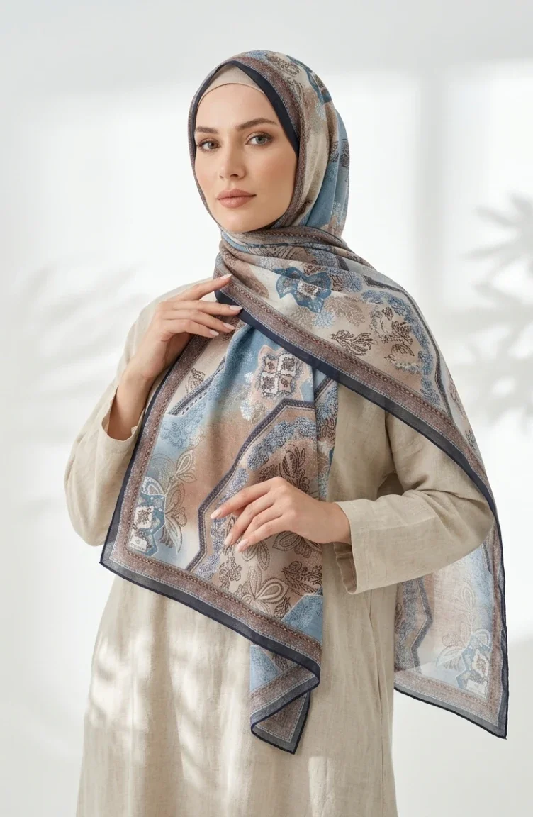 Floral Patterned Amber Scarf 70359-02 Navy Blue 70359-02