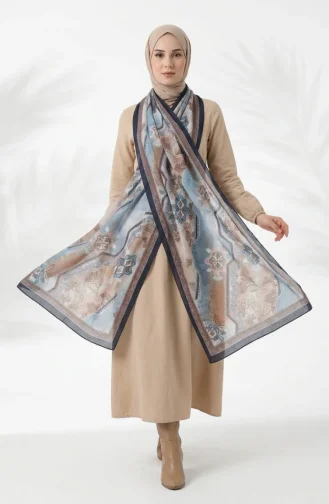 Floral Patterned Amber Scarf 70359-02 Navy Blue 70359-02