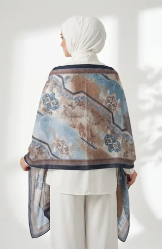 Floral Patterned Amber Scarf 70359-02 Navy Blue 70359-02